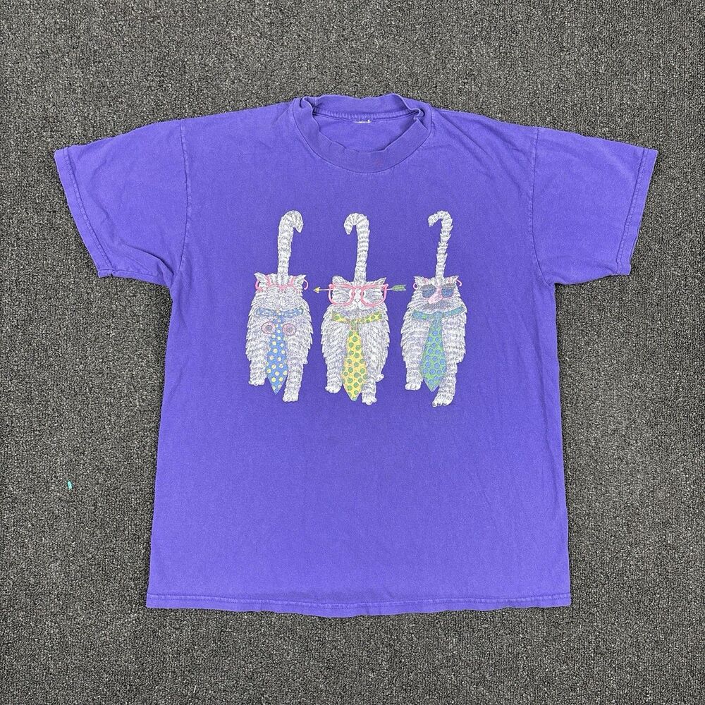 VTG 90s Get Serious Silly Cats Double Sided T Shirt Funny Ties Size Medium